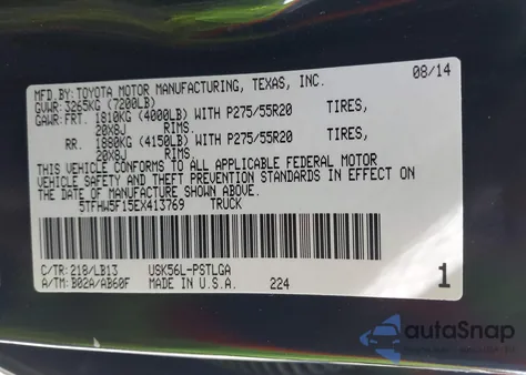 2014 Toyota Tundra Limited 5.7L V8 z USA, uszkodzony, nr VIN 5TFHW5F15EX413769